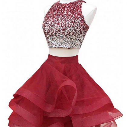 Sparkly Two Piece Red Homecoming Dresses Sequins..