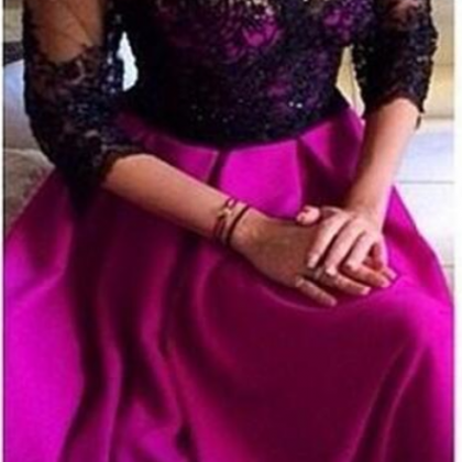 Black Lace Tea Length Prom Dresses With 3/4 Sleeve..