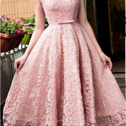 Blush Pink Elegant Tea Length Full Lace Prom Dress..
