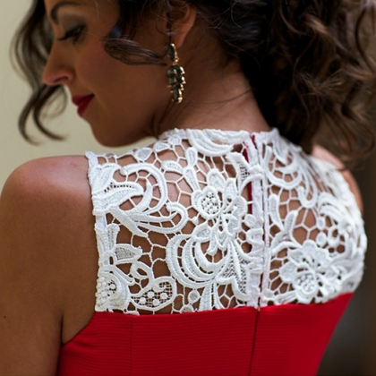 Red Sleeveless High Neck Lace A Line Guest Wedding..