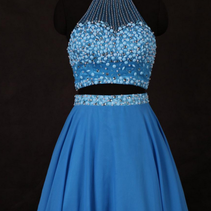 Blue Two Pieces Short Homecoming Dresses High Neck..