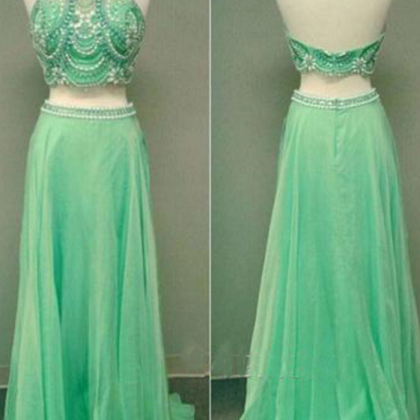 A-Line/Elegant Sleeveless Halter Chiffon Floor-Length Two Piece Prom Dresses main image 1