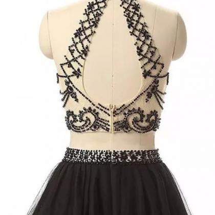 Two Piece High Low Black Halter Keyhole Beading..