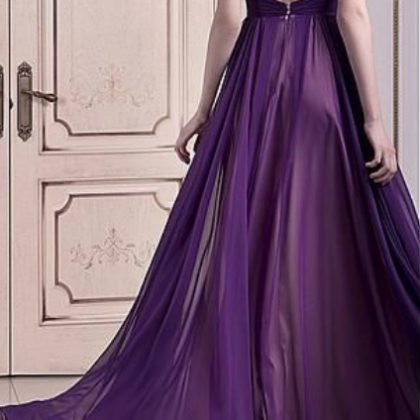 Ivory Purple Printed V-Neck Ball Dress With Slit