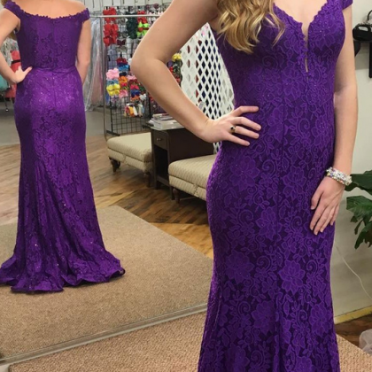 Purple Lace Mermaid Prom Dress, Sexy Long Prom..