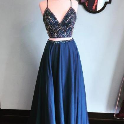Sparkly Two Piece Sequins Navy Blue Long Prom..