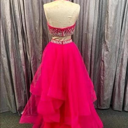 Champagne Bead Top Tulle Halter Neck Two Piece Prom Dress