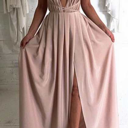 Deep V Neck Long Chiffon Prom Dress With Open Back Blush Pink Evening ...