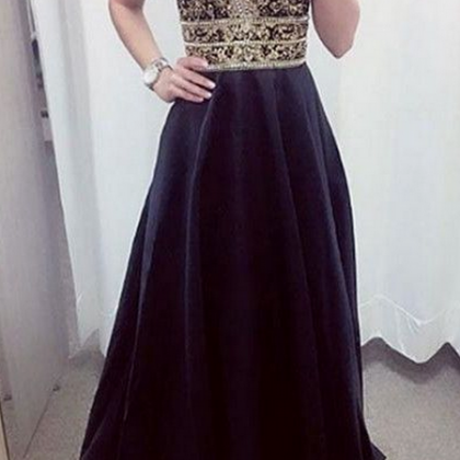 Black Long Prom Dress With Gold Beads, Prom Dress,..