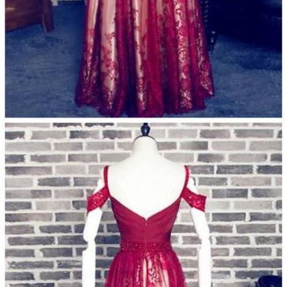 Off Shoulder Dark Red Lace Long Evening Prom..