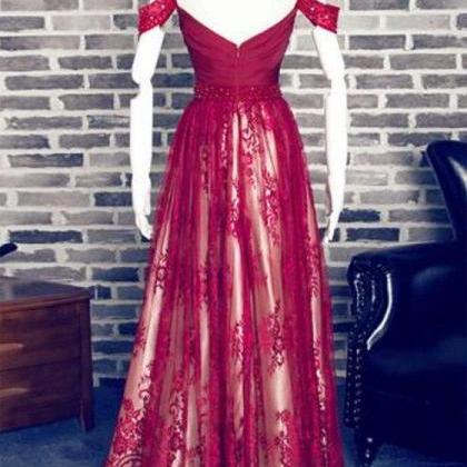 Off Shoulder Dark Red Lace Long Evening Prom..