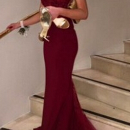 Burgundy Prom Dresses With Lace, Evening Gowns,..
