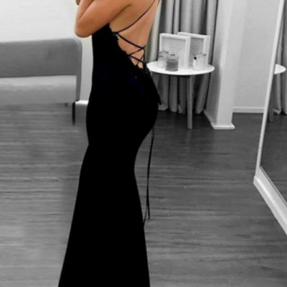 Navy Blue Spaghetti Straps Sweep/Brush Train Prom Dresses main image 1
