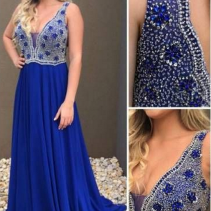 Floor-length Royal Blue A-line Round Neck Chiffon Beaded Long Prom Dress, PD0498