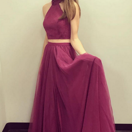 Red Tulle Sequins Two Piece Halter Prom Dress main image 1