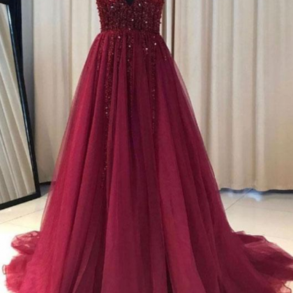 V Neck Beaded Prom Dresses, Sexy Evening Party..