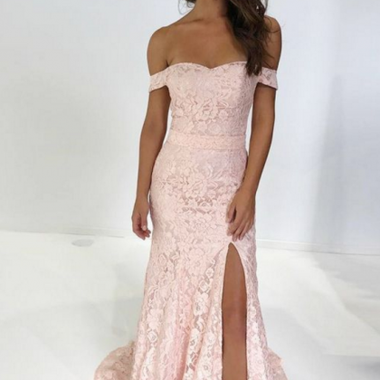 Pink Lace Prom Dresses ,off The Shoulder Prom..