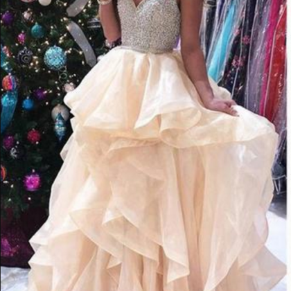 Organza Tiered Prom Dress With Beaded Bodice