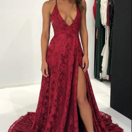 Burgundy A-line Halter Charming Style Prom Dress, Burgundy Long Evening Dress main image 0
