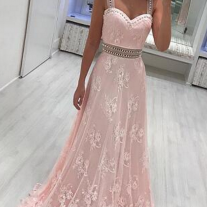 Light Pink Straps Sweetheart Long Prom Dresses A..