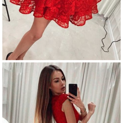 A-line Red Lace Tiered Short Homecoming Dress With..