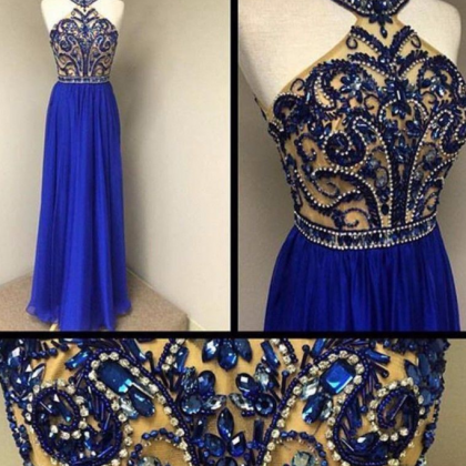 Beaded Royal Blue Halter Chiffon Prom Dress,..