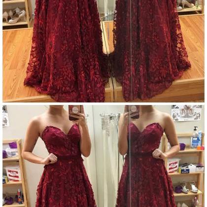 A-line Sweetheart Floor-length Burgundy Lace Prom..
