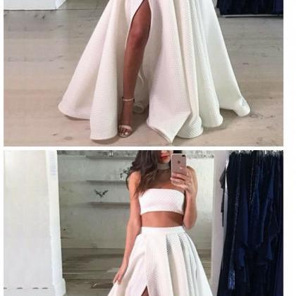 Two Piece Strapless Floor Length White Prom Dress with Split LBQ1180 main image 1