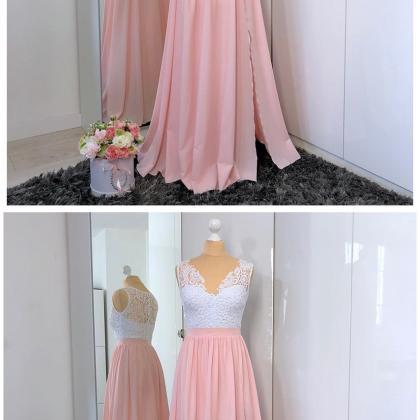 A-line V-neck Split Front Pink Satin Prom Dress..