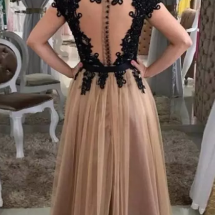 Black Brown Lace Tulle Evening Dresses Sheer Neck..