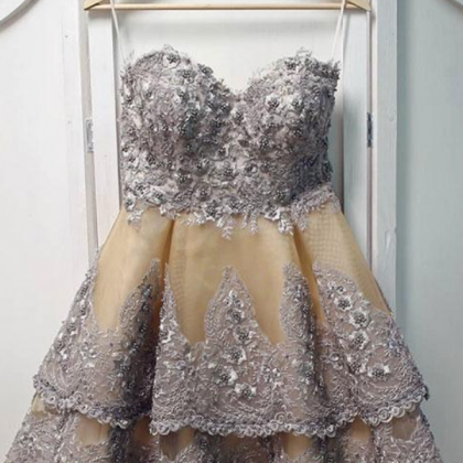 Unique Sweetheart Neck Lace Short Prom Dress, Gray..