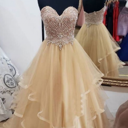 Champagne Beautiful Tulle Sweetheart Long Prom..