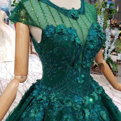 Dark Green Lace Ball Gown Prom Dress With Beads,..