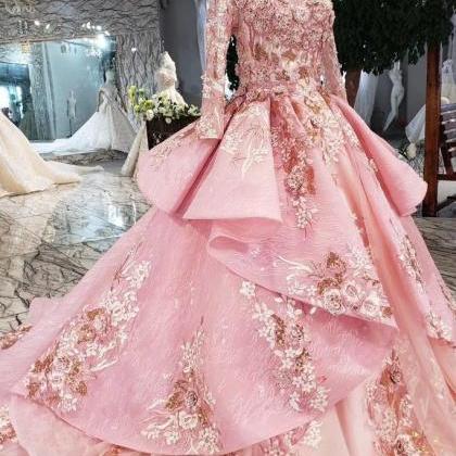 Pink Prom Dresses Long Sleeves Ball Gown With..