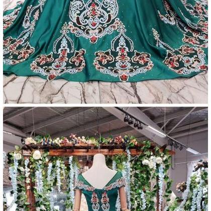Green Ball Gown Appliqued Prom Dress With Short..