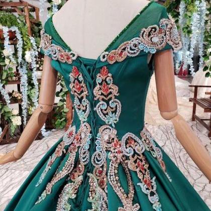 Green Ball Gown Appliqued Prom Dress With Short..