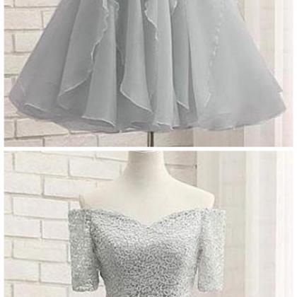 Silver Off Shoulder Lace A Line Prom Dresses Short..