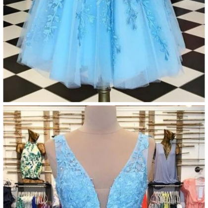 Blue V Neck Sleeveless A Line Prom Dresses Short..