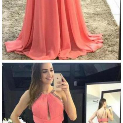 V neck Chiffon Long Dresses with Straps Watermelon main image 1