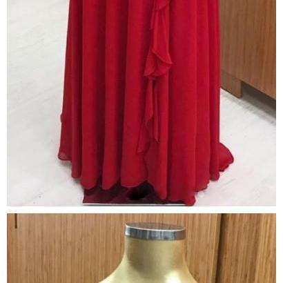 Red Chiffon Long Prom Dress, Red Chiffon Evening..