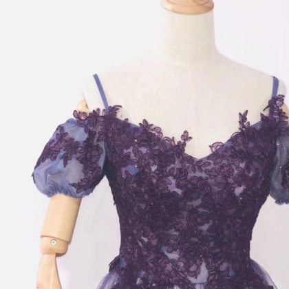 Dark Purple Tulle with Lace Applique Straps Party Dress, Dark Purple Prom Dress main image 1