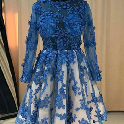 Blue Lace Short Prom Dress, Blue Lace Bridesmaid..