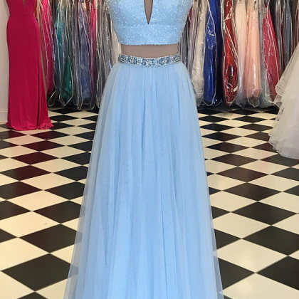 Light Blue Beaded Prom Dress,high Neck Two Piece..