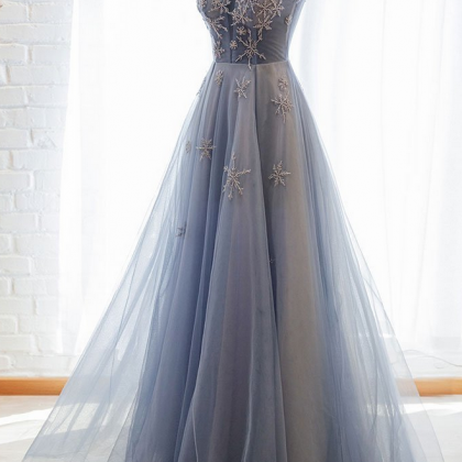 Blue Tulle Lace Long Prom Dress Blue Tulle Formal..