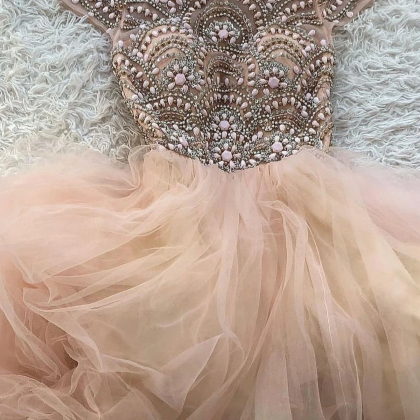 Pink Round Neck Tulle Beads Long Prom Dress Pink..