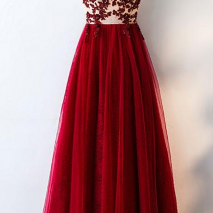 Burgundy Round Neck Tulle Lace Long Prom Dress