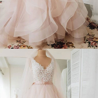 Pink V Neck Lace Long Prom Dress, Pink Evening..