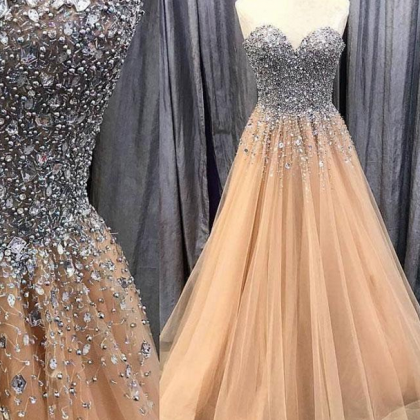 Champagne Tulle Beaded Long Formal Prom Dress,..