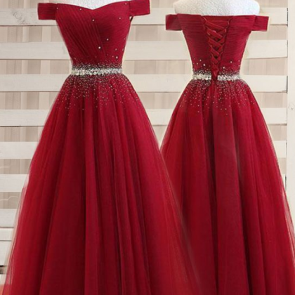 A Line Open Back Halter Burgundy Beading Tulle Prom Dresses LBQ1773