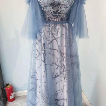 Fairy Blue Sheer Applique Off-the-shoulder Prom..